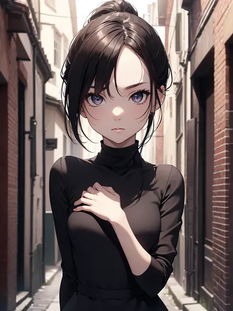 (8K, Best Quality, Masterpiece, Ultra High Resolution) Single Person, 1 Girl, Cute Eyes, Face Details, Pale Skin, Slender, Short, Black Hair, Slender Body, Ponytail, Brown Eyes, Wearing Tight Black Dress, Dark Alleyway, Best Quality, Upper Body, Looking at...