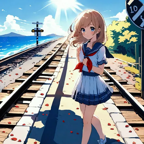 Blue sky, railroad crossing, summer, youth, sailor girl, petals, nostalgic, railroad tracks, sea, strong sunlight 