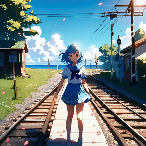 Blue sky, railroad crossing, summer, youth, sailor girl, petals, nostalgic, railroad tracks, sea, strong sunlight 