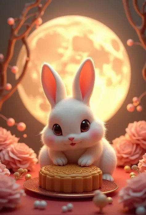 Q version of the rabbit，Cute and cuddly，moon cake，laurel，moon，The lighting is depicted in great detail，orange hues，OC Rendering，high quality，masterpiece，Surrealism，Hyper-photorealism，8K，Ultrafine，Extremely detailed，Ultra wide angle，Dynamic perspective