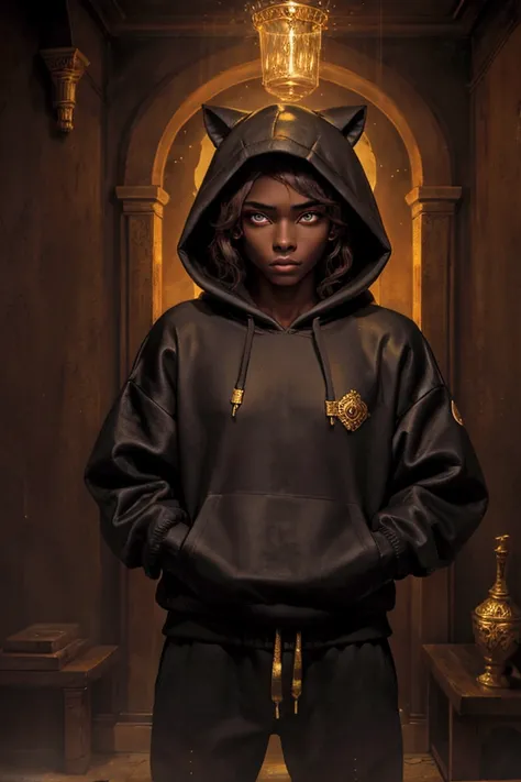 Black and gold hoodie with gold eyes and brown skin colour