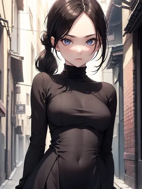 (8K, Best Quality, Masterpiece, Ultra High Resolution) Single Person, 1 Girl, Cute Eyes, Face Details, Pale Skin, Slender, Black Hair, Slender Body, Long Ponytail, Brown Eyes, Wearing Tight Black Dress, Dark Alleyway, Best Quality, Upper Body, Looking at t...