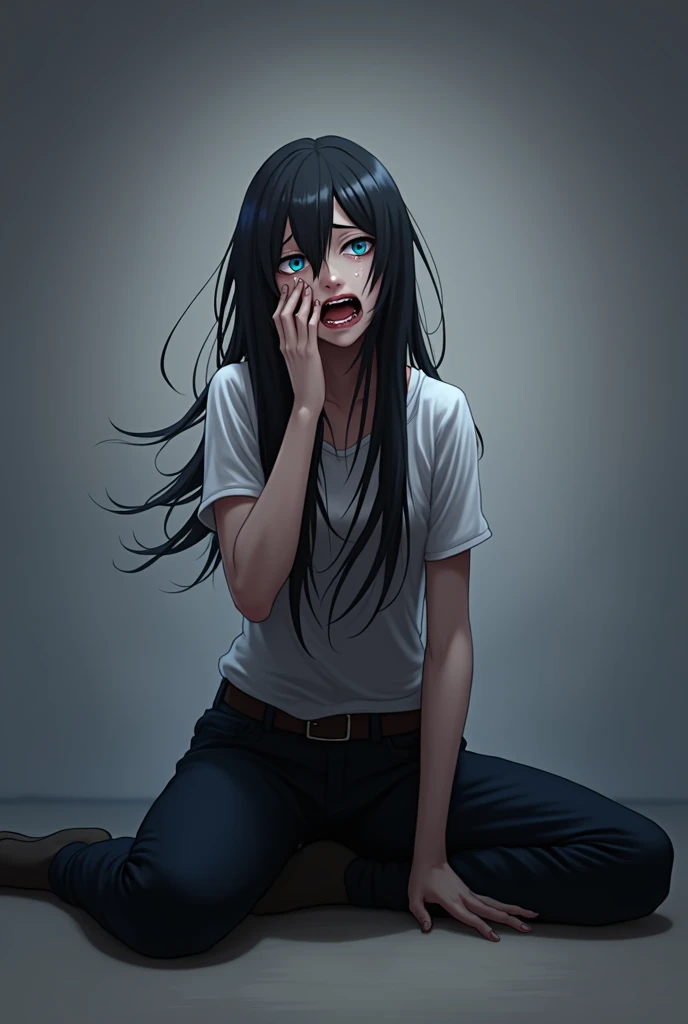 Young woman, Black long hair, blue eyes, Cried a lot, Screaming in pain, Anime Art, masterpiece, Realistically，Mouth wide open，Tears flow down my cheeks