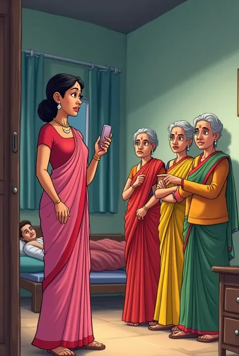 "Create an animated-style scene set in a modest room with simple furnishings. In the foreground, a young woman dressed in a pink saree is holding a smartphone, appearing distracted. To the right, a group of three older women in traditional sarees (one in r...