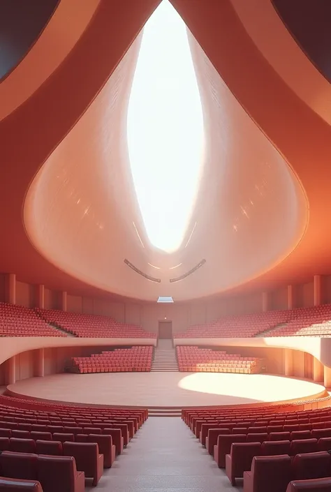 3d design of theatre that has 1078 seats and curved design simple only and the pov is on the stage no seats in the second floor and it is a inside theatre close try to sketch it with color and no seats in the upper portion its like architech design

