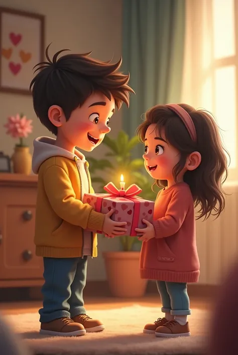 Boy giving birthday gift to girl 


