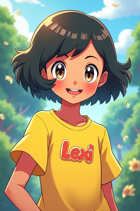 Make an image of a girl with yellow shirt like pokemon with the name in her shirt as Lexi