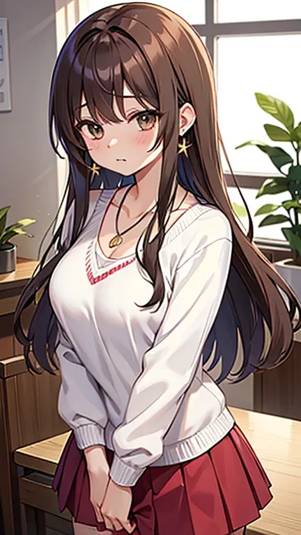 Anime middle school student cosplay Anime cosplay Anime cosplay middle school student, One person, chest, alone, jewelry, Brown Hair, chestの谷間, Long Hair, Brown eyes, View your viewers, indoor, necklace, bangs, blush, Earrings, clavicle, shirt, potted plan...