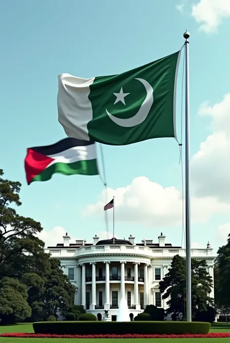 Pakistani flag flying at the top of the white house in America  without america flag  but with Palestine flag
