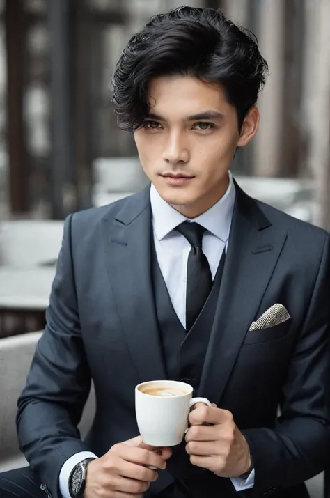 Young boy, Suit, Suit elegante, beautiful appearance, mature look, drinking coffee, defined body, black hair, gray eyes,