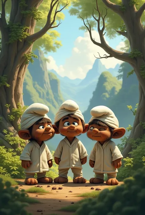 Change the color of the Smurfs to brown and the hats and clothes white, but they should be men and they should be in a forest with a beautiful view. 