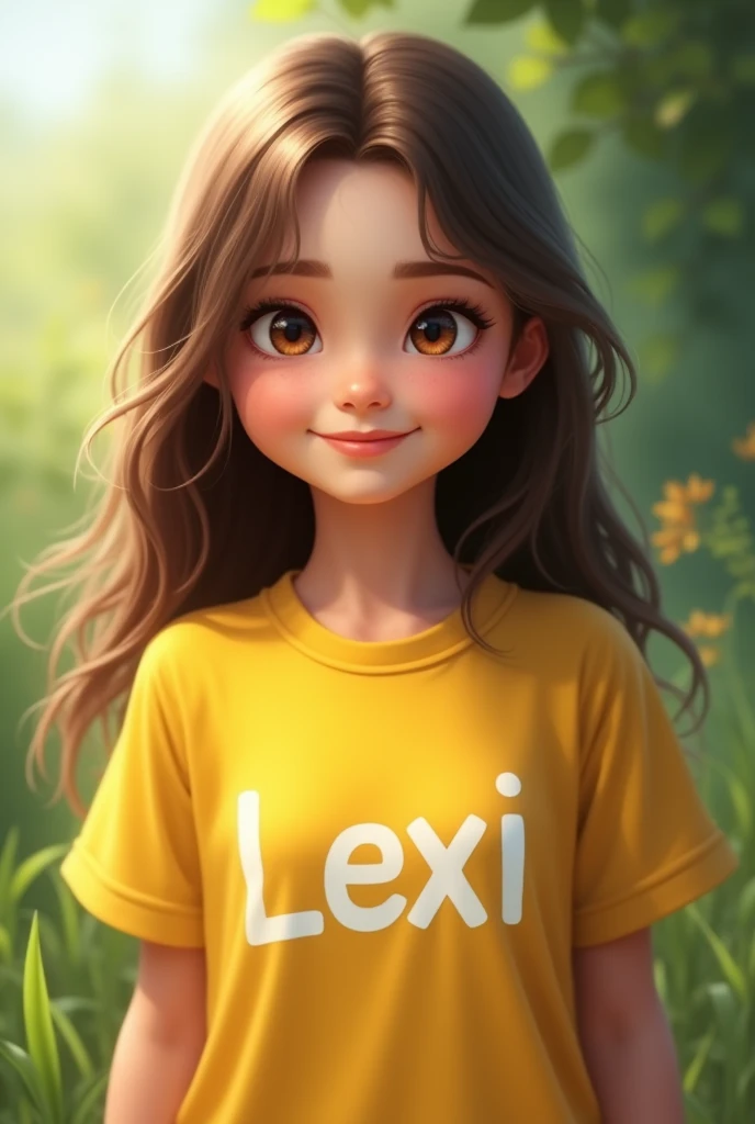 Make an image of a realistic girl with yellow shirt like pokemon with the name in her shirt as Lexi