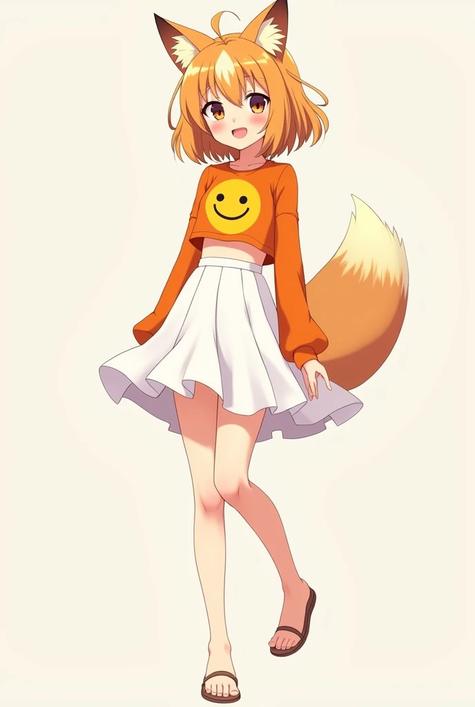 anime girl have a smiley face with a fox ear wearing an orange crop top white skirt and full body no background