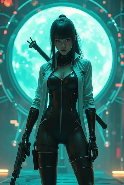 3000 years、夜のcyber punkの近未来都市、A female samurai with a cyborg half-body、cyber punk、can&#39;I can see your gaze、Grab the gun、Estimated Age２0-year-old、Bodysuits that fit the body、skinny、skinnyパンツ、Casual wear、Wear a half coat、Ready for battle、(Highest quality,...