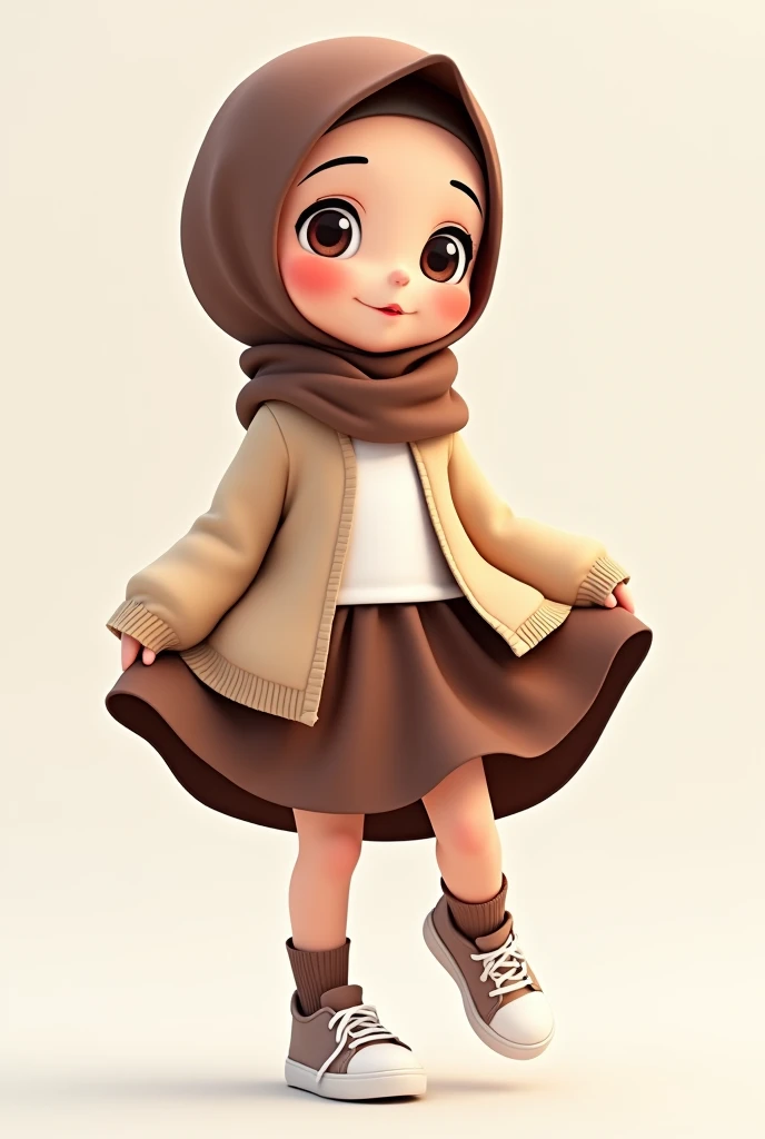 Cartoon with text: 
(masterpiece, best quality, 4k, expressive eyes, perfect face), Cute and adorable face, big detailed eyes, Cute little cartoon girl, with brown hijab on, wearing oversized beige cardigan, white shirt, brown skirt, brown socks, sneakers,...