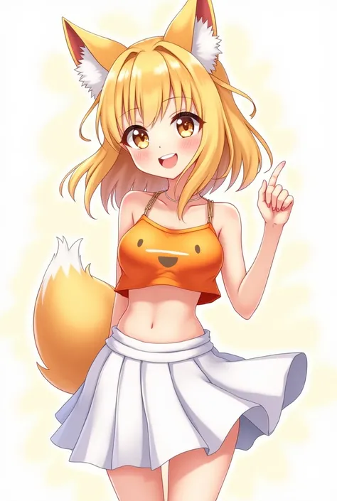 anime girl have a smiley face with a fox ear wearing an orange crop top white short skirt and full body no background