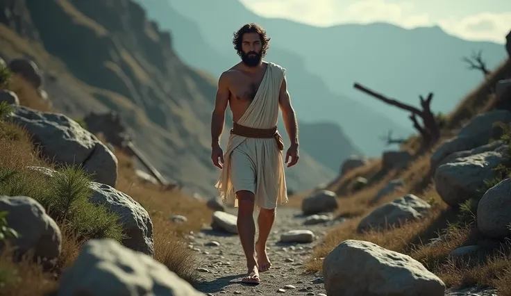 A male stoic philosopher walks along a rocky path, dressed in his classic tunics, with his tanned skin, well-groomed beard, and wavy hair. His posture is strong and determined as he overcomes large symbolic obstacles like boulders and fallen trees, each re...