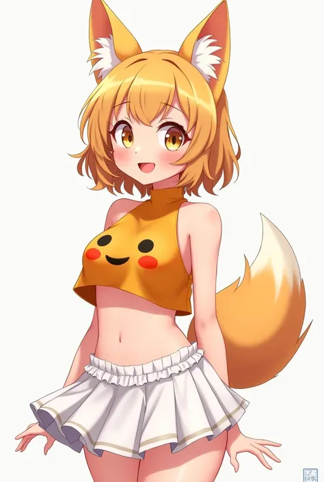 anime girl have a smiley face with a fox ear wearing an orange crop top white short skirt and full body no background