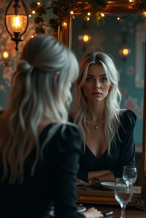 Russian girl is beautiful, light gray hair, takes a photo in a mirror against the backdrop of a restaurant, Garlands, dark atmosphere, full length