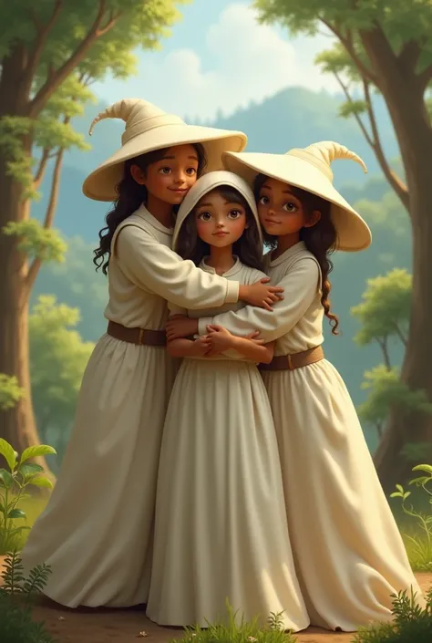 Change the color of the Smurfs to brown and the hats and clothes white, but they should be men and they should be in a forest with a beautiful view. Let them be 3 men and 2 women. Let their clothes be a little bigger and let them be hugging each other. 