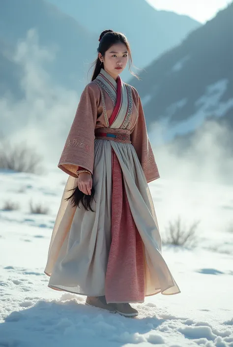 Tibetten cute girl, Tibetan snow ， 2000，White smoke， Full of movement，hasselblad， National Geographic photo， Semi-body shot, high-quality photo，Full body photo，Lower body，Wearing shoes，20-year-old Tibetan girl，Wearing shoes，Wearing shoes，tibetan服饰，tibetan衣...