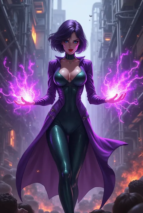 Dark purple short cropped haired villainess with magnetic powers, wearing a skintight purple and green costume and destroying a factory. Blue eyes, glossy red lips. Evil smirk. Purple magnetic energies swirl around her hands and create a protective aura ar...