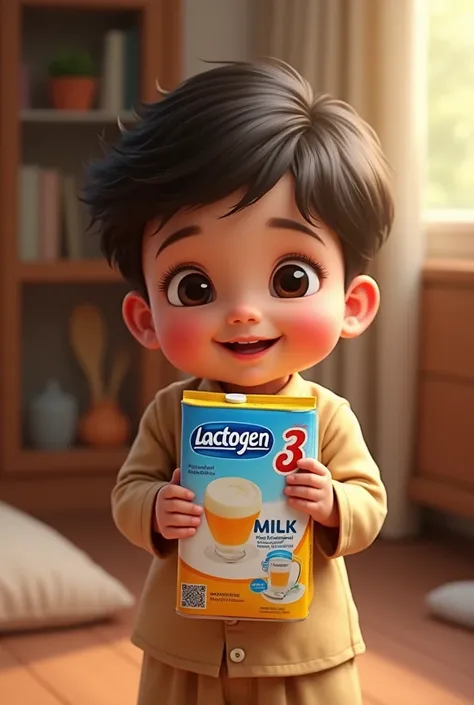 A bangladeshi baby boy age around 3 years holding a lactogen 3 milk packet