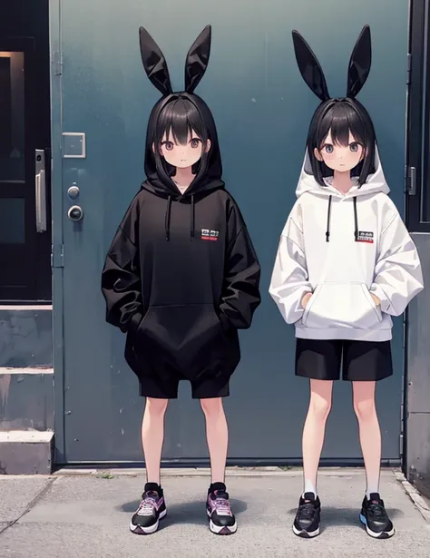 1 female,Black Bunny Hoodie,Het Fong,Black and white sneakers,Are standing,whole,