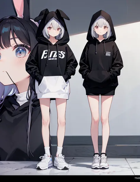 1 female,Black Bunny Hoodie,Het Fong,Black and white sneakers,Are standing,whole,