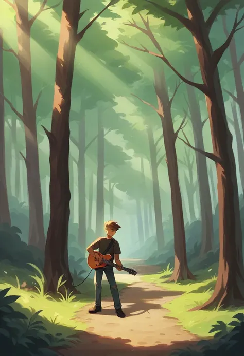 A highly realistic photo of a man holding an electric guitar in the woods. The man is standing among tall trees with sunlight filtering through the leaves, casting soft shadows on the forest floor. He has a relaxed yet focused expression, as if preparing t...