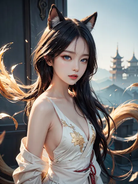 (A Divine Beast), Nine-Tailed Demon Fox, foxes ear, animal ears, animal tails, Dynamic Body Type, (Chinese Monster), Handsome, Splashed Ink, Chinese, 1girl, ((2.5D)), Floating Hair, Beautiful Eyes, Delicate Eyes, Delicate Silhouette, dynamic pose, casual p...