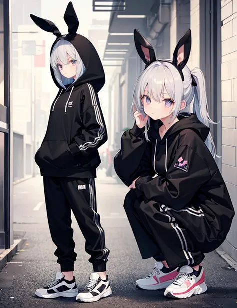 1 female,Black Bunny Hoodie,Het Fong,Black and white sneakers,Are standing,whole,