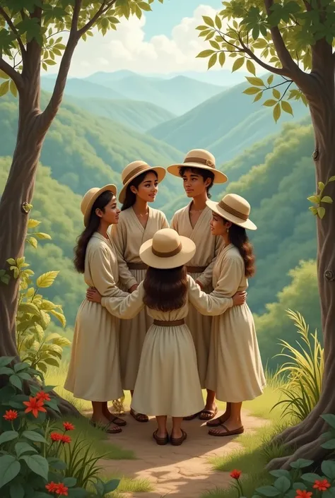 Change the color of the Smurfs to brown and the hats and white clothes, but they should be men and they should be in a forest with a beautiful view. Let them be 3 men and 2 women who are hugging. Change their blue color to brown. 