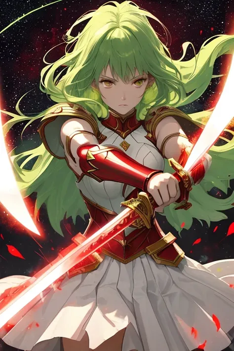 Woman, warrior, red light armor, white clothes, fluttering skirt, green hair, brown eyes, staring, holding sword, taking a stance, surrounded by green aura, stars shining, high resolution, electricity running from sword