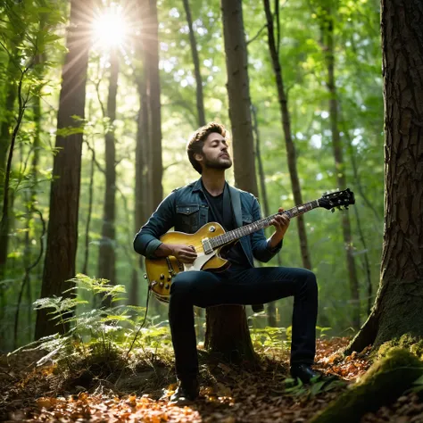 A highly realistic photo of a man holding an electric guitar in the woods. The man is standing among tall trees with sunlight filtering through the leaves, casting soft shadows on the forest floor. He has a relaxed yet focused expression, as if preparing t...