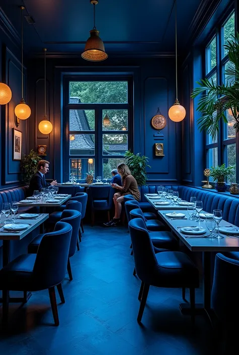 Restaurant in shades of blue, Photo, comfortable, dark atmosphere