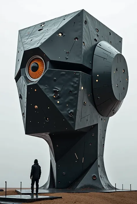 make a black square robot head sculpture,  with only one eye in the middle, futurist , in the style of the Olmec Head, Colossal, HD, great detail,