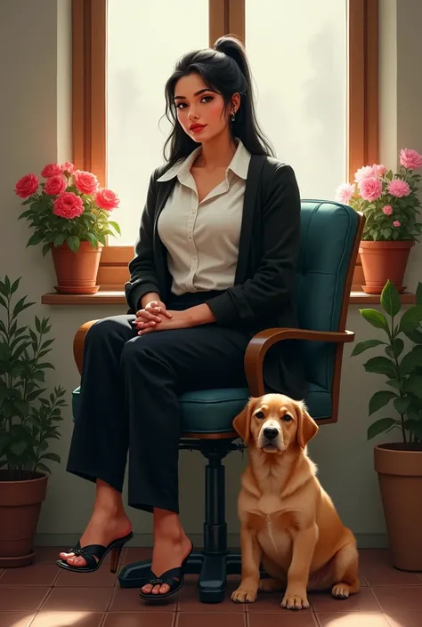 Pure 35  years fat nepali girl, scantly eyebrows round face ,broad lip medium body size sitting on revolving chair, wearing white looking forward shirt,black coat and pant, long pony black hair, golden colour puppy near the girl,flowers on pot at both side...