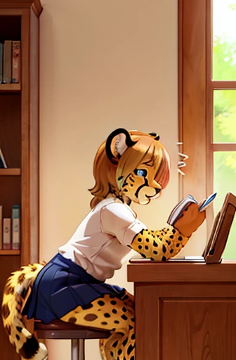 Cheetah girl leaning forward, skirt, butt exposed, big heavy sweaty butt, sitting on table ,white panties, unaware, tail raised exposing butt, book up to face, secretly enjoys butt hanging over 