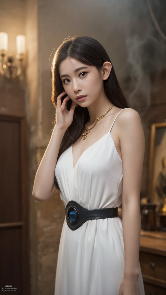 Waist shot of a female elf, complicated, Narrow Face, elegant, Wearing a sapphire necklace, White lightweight dress with straps, To the camera, Very detailed, Digital Painting, Art Station, Concept Art, Smooth, Sharp focus, figure, ArtJam、Greg Rutkowski、Ar...