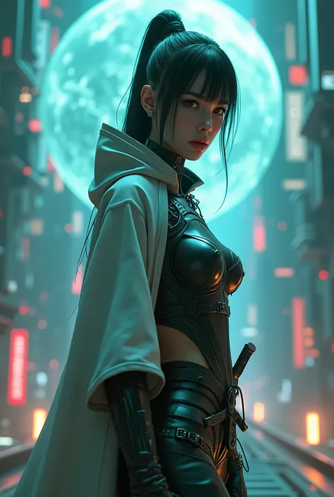 3000 years、夜のcyber punkの近未来都市、A female samurai with a cyborg half-body、cyber punk、can&#39;I can see your gaze、Grab the gun、Estimated Age２0-year-old、Bodysuits that fit the body、skinny、skinnyパンツ、Casual wear、Wear a half coat、Ready for battle、(Highest quality,...