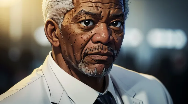 Morgan Freeman in a realistic style, captured in a moment where he is explaining something with great emphasis. His expression is serious and thoughtful, with focused eyes and slightly raised eyebrows. The bust is centered, highlighting his classic gray be...