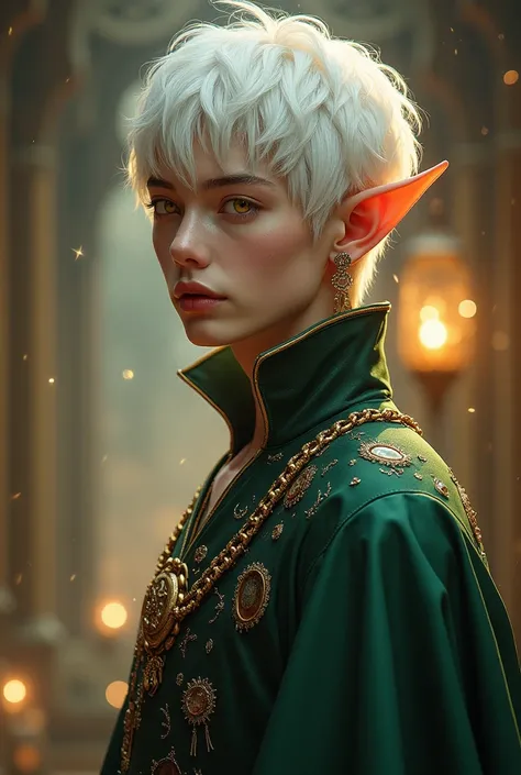 Man, elf, yellow eyes, jewerly, soft light, short pretty white hair, tanatsy formal clothes