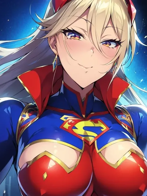 Anime style image of a woman in blue clothes with a red cape, Supergirl, anime visual of Supergirl, Portrait of a female anime hero, Artoria Pendragon, Anime Goddess, Superhero Girl, Power, the princess of power, with cape, Zodiac Knight Girl, Zerochan Art...