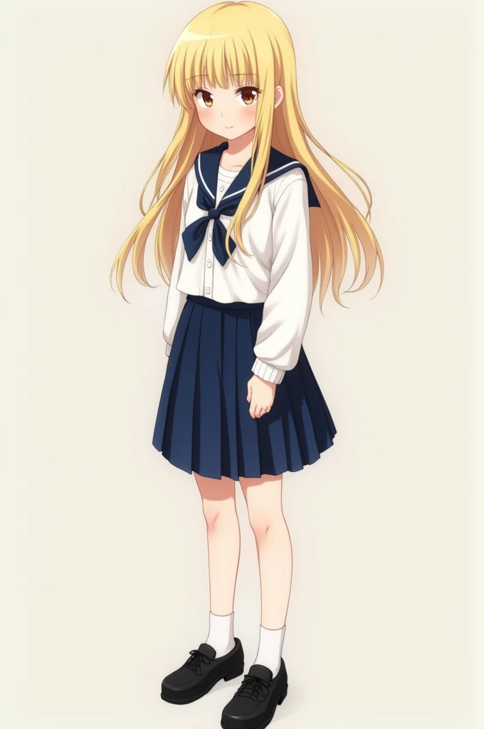 Create  blonde girl wearing school uniform, white socks and black shoes