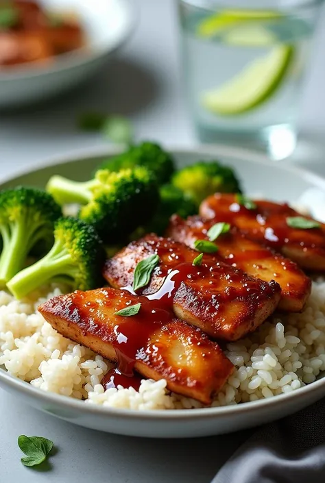 •	Teriyaki chicken with steamed broccoli and jasmine rice
	•	Water