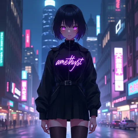 anime girl wearing black aesthetic outfit with a purple text "amethyst" on her clothes, in citylights background