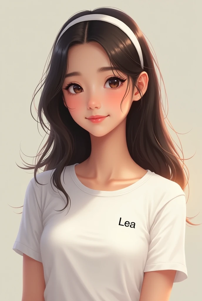 Make an image of a realistic girl with headband wearing white shirt with the name in her shirt as Lea.