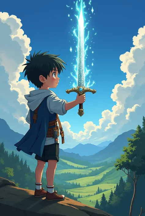 A boy summoning a excalibur, the glowing sword appearing in his hand." Anime style