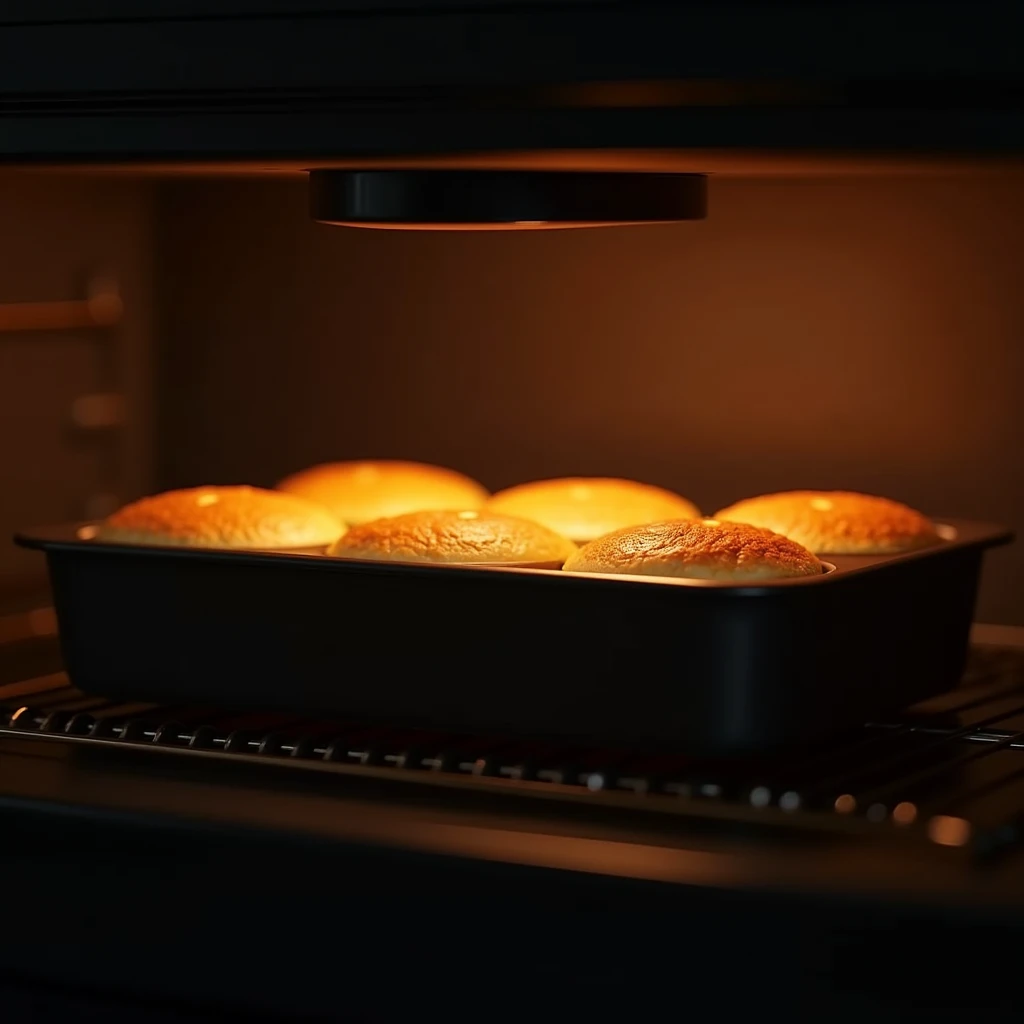 "Financiers baking in a black modern oven with no items on top, orange lighting, no people present, focus on the oven, with the financiers rising inside a black rectangular mold."